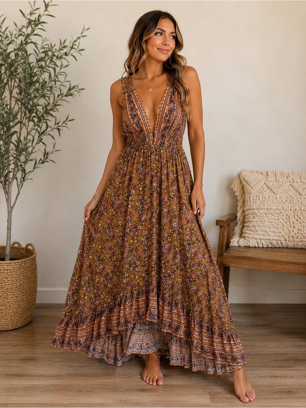 Free People Floral V-Neck Maxi Dress